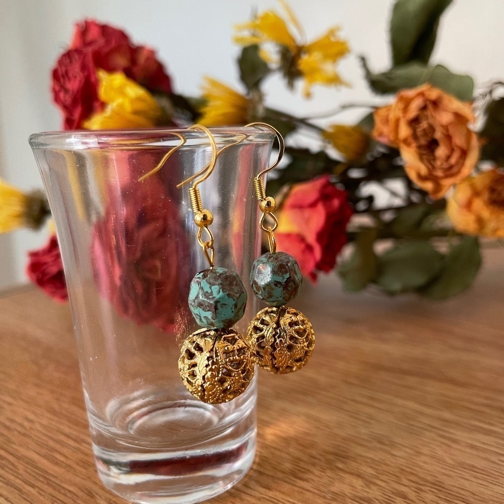 Aqua Gold Beaded Earrings